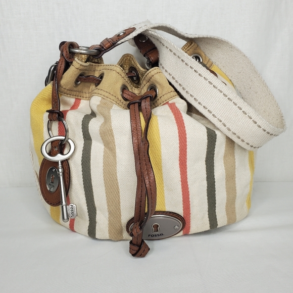 Fossil Bags Fossil Maddox Bucket Bag Striped Canvas Drawstring